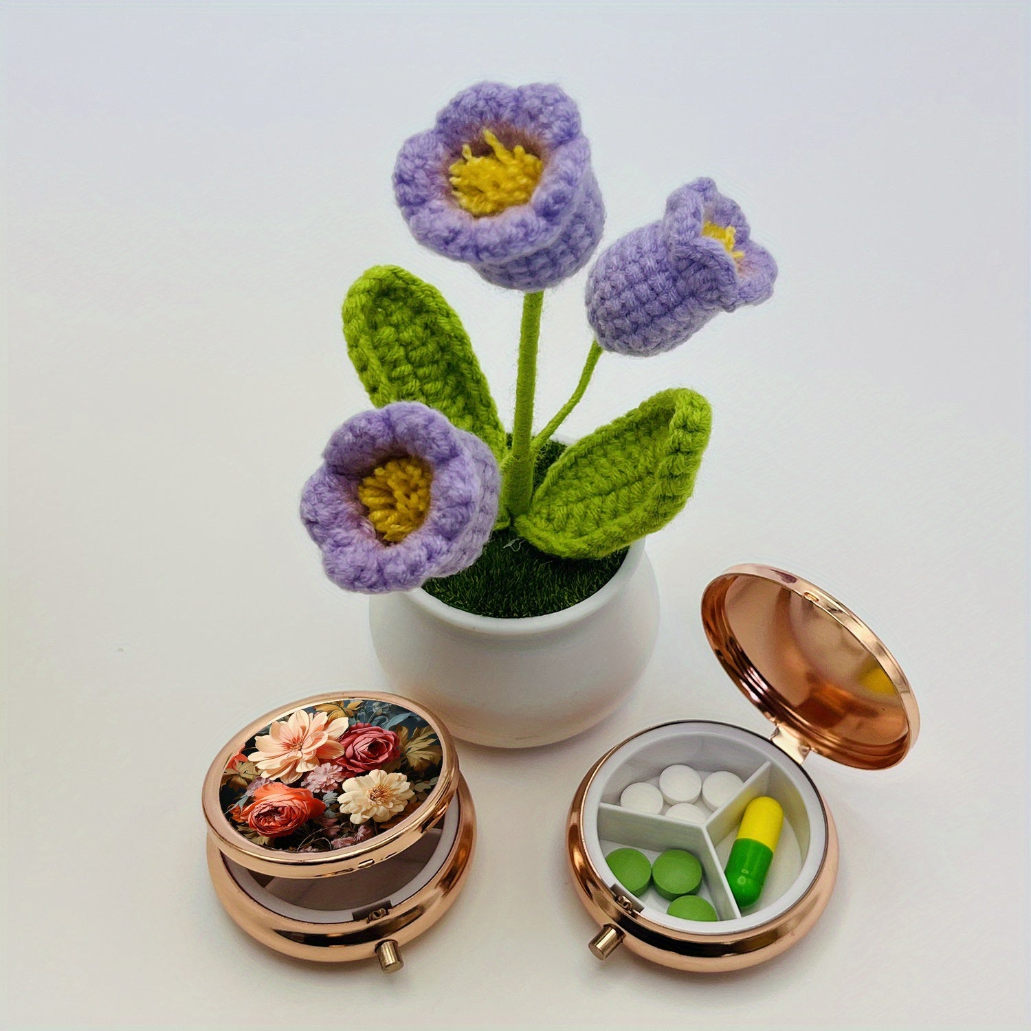 Floral Pill Organizer 3 Compartment Metal Medicine Case