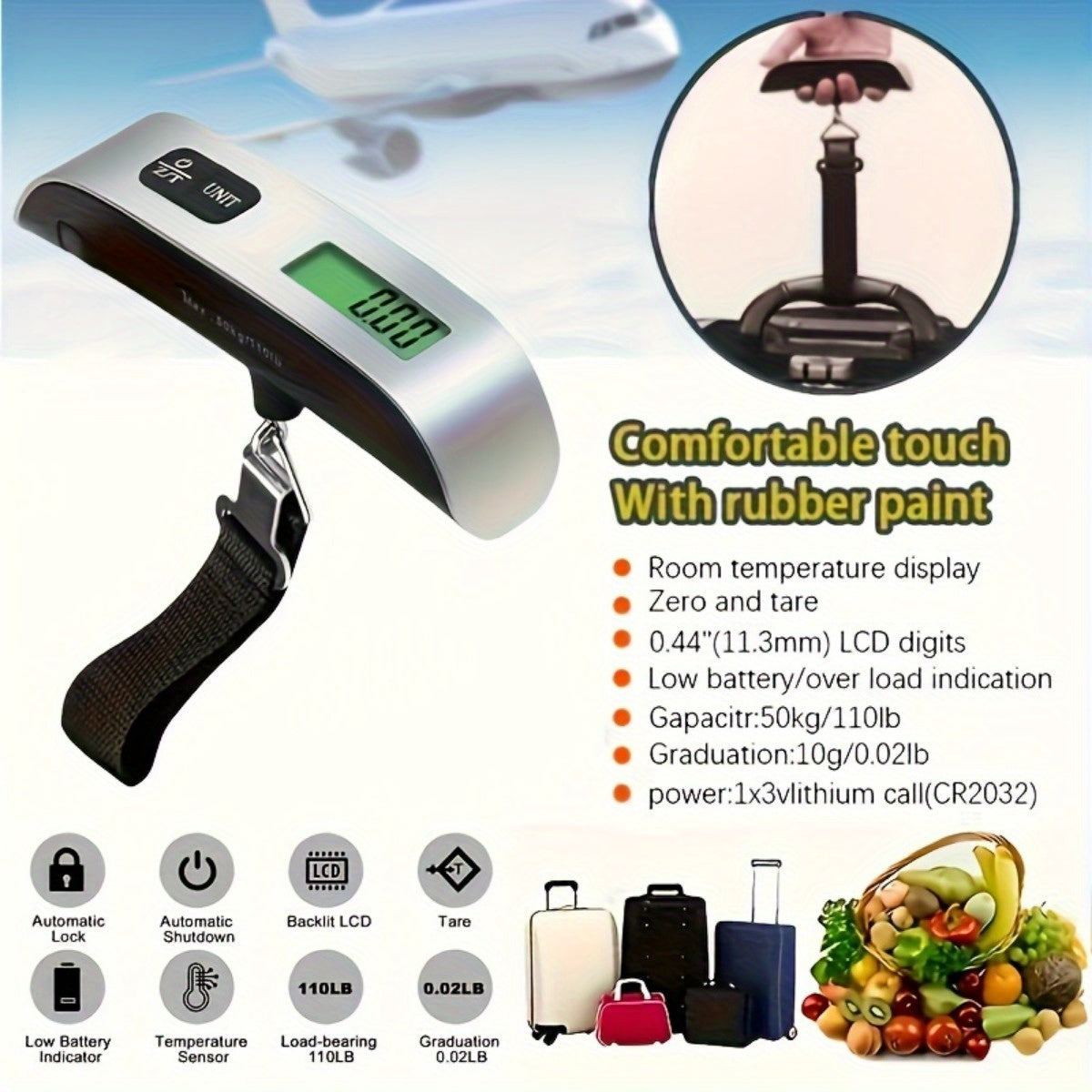 Digital Luggage Scale 110Lb 50Kg Backlit LCD Thermometer Sensor