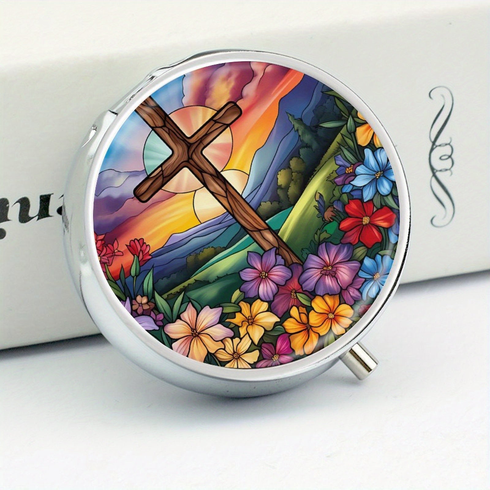 Stained Glass Cross Pill Organizer 2 Compartment Portable Medicine Case