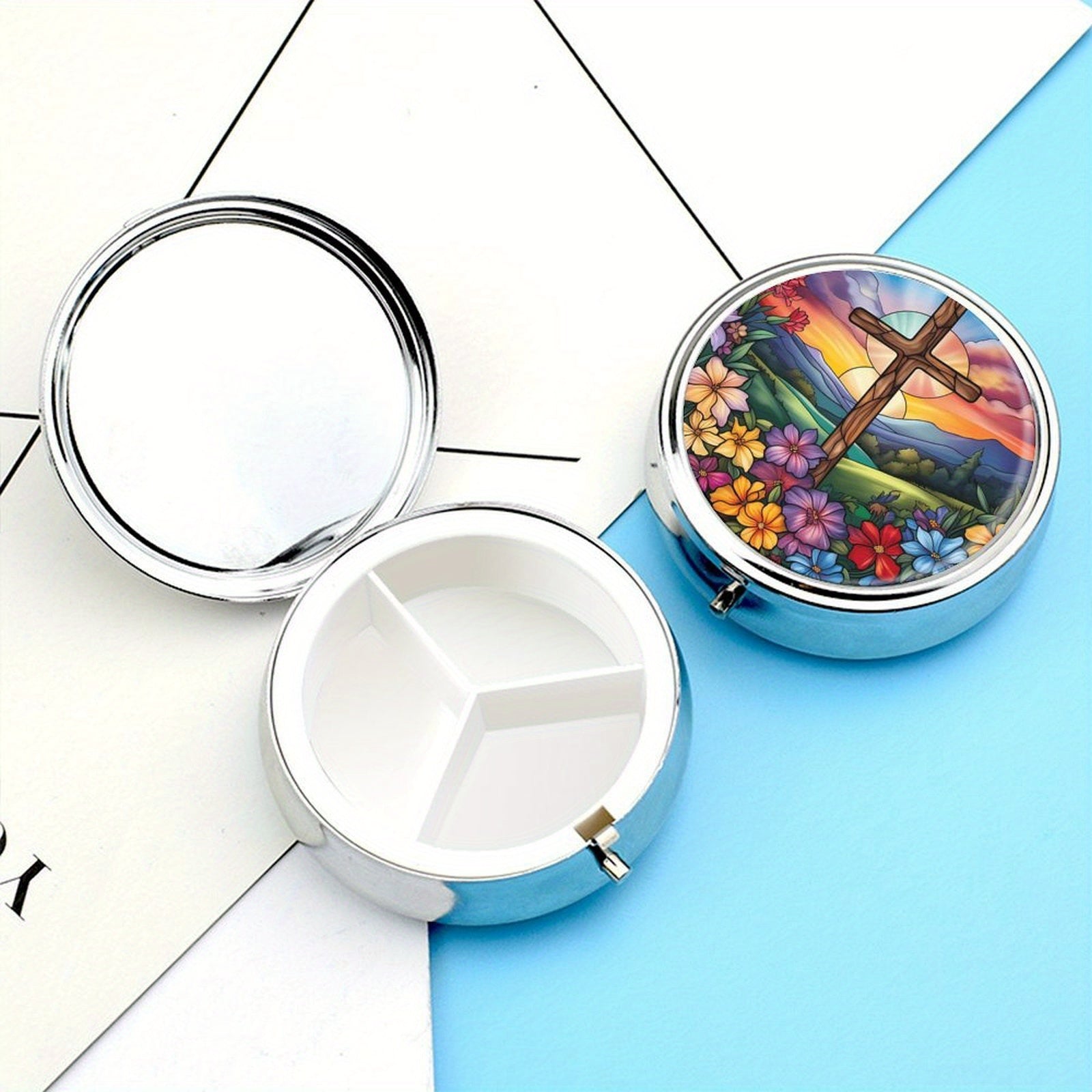 Stained Glass Cross Pill Organizer 2 Compartment Portable Medicine Case