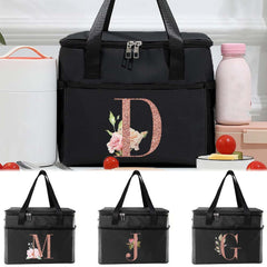 Rose Golden Letter Insulated Lunch Tote Bag Portable Cooler Box