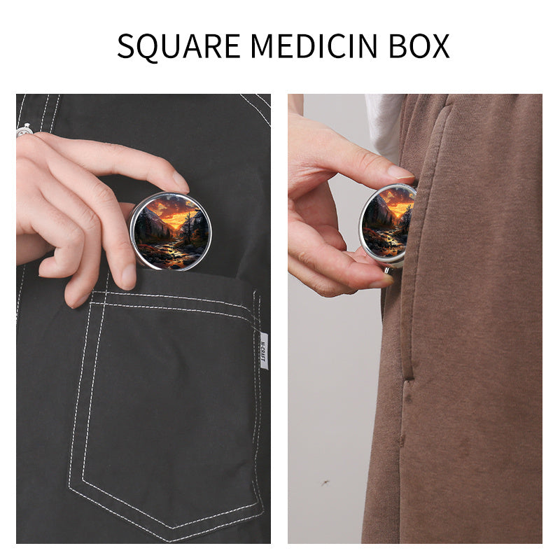 Landscape Print Round Pill Box 3 Compartments Mini Medicine Nutritional Vitamin