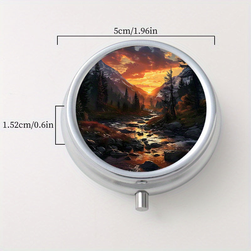 Landscape Print Round Pill Box 3 Compartments Mini Medicine Nutritional Vitamin