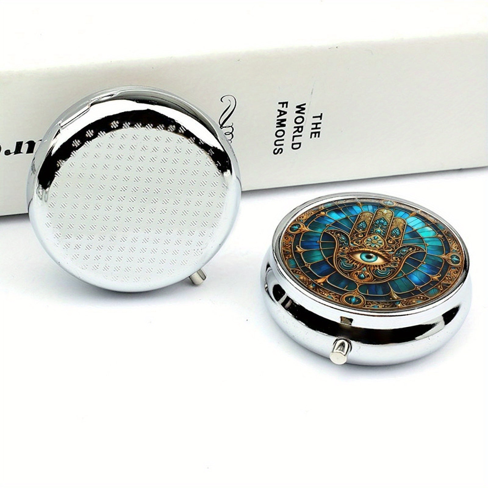 Mystical Hamsa Hand & Evil Eye Pill Box 3 Compartment Metal Medicine Organizer