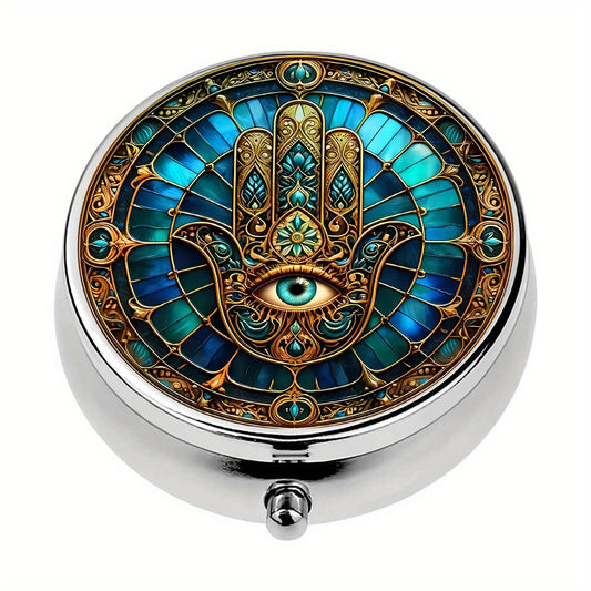 Mystical Hamsa Hand & Evil Eye Pill Box 3 Compartment Metal Medicine Organizer