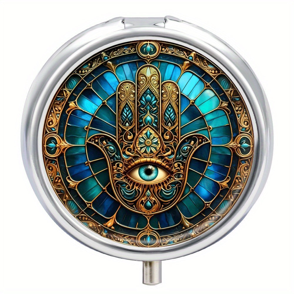 Mystical Hamsa Hand & Evil Eye Pill Box 3 Compartment Metal Medicine Organizer