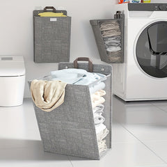 Foldable Laundry Basket Wall Mounted Organizer Gray Polyester Adjustable Strap