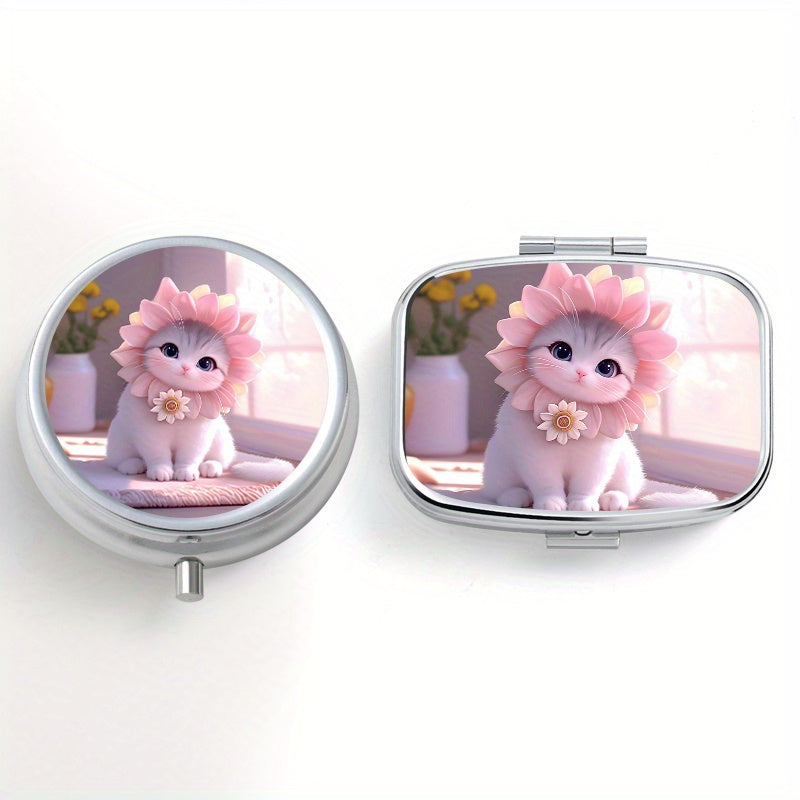 2pcs Floral Cat Pill Organizer Set - Round & Square, Travel Friendly
