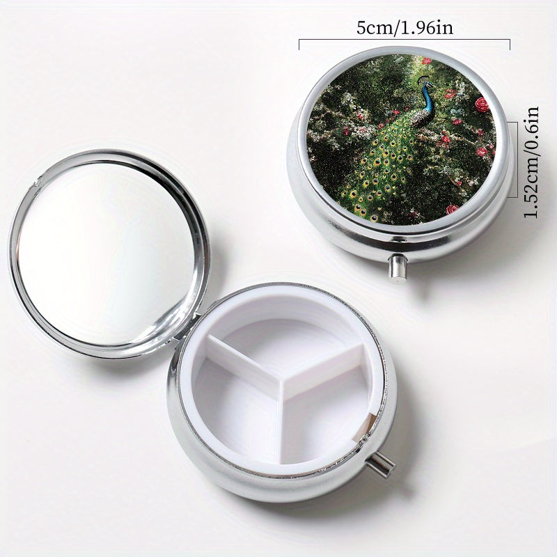 Peacock Pattern Pill Box Set - Round & Square, Portable Medicine