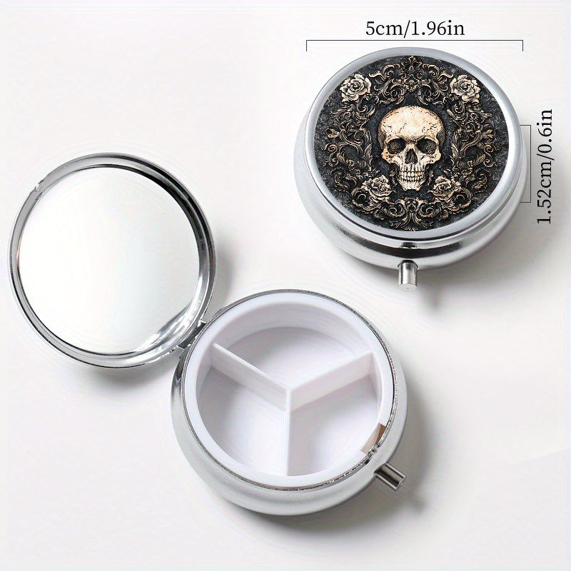 Gothic Skull Print Pill Organizer Set 3 Compartment Round Box 2 Compartment
