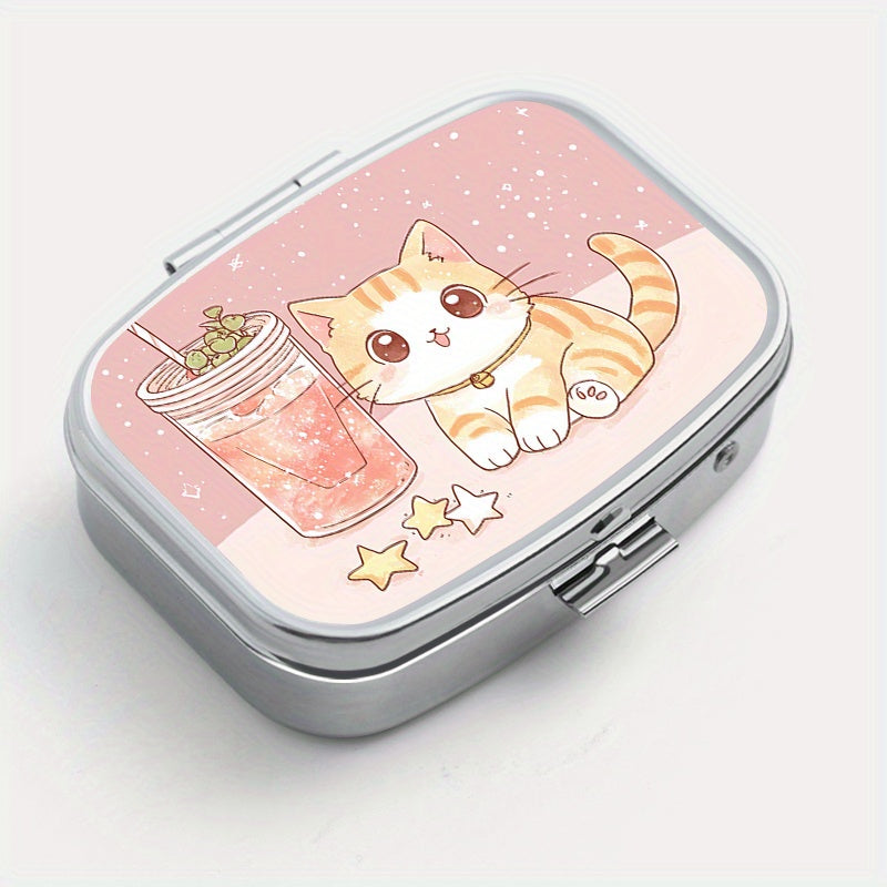 Cat Print Drink Square Pill Box Dual Compartment Metal Medicine Case