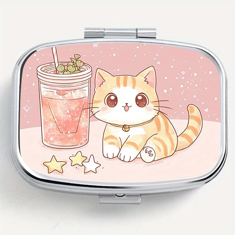 Cat Print Drink Square Pill Box Dual Compartment Metal Medicine Case