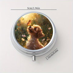 3 Compartment Pill Organizer Round Case with Puppy & Butterfly Print