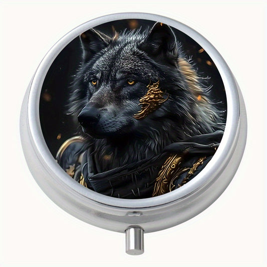 Armored Wolf Pattern Round Medicine Box Mini Portable Pill Box for Travel
