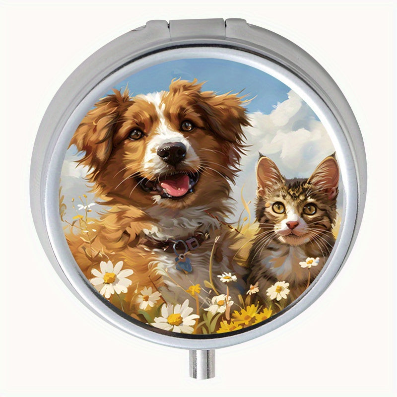 Flower Cat Dog Round Pill Box, Three Compartments, Portable for Trav