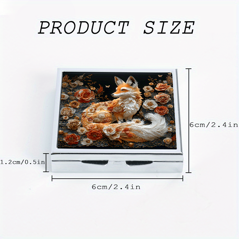 Floral Fox Pattern Square Pill Organizer 4 Compartment Medicine Box Metal Case