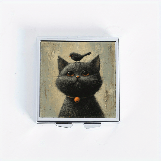 Cat & Bird Illustration Pill Box 4 Compartment Mini Portable Med