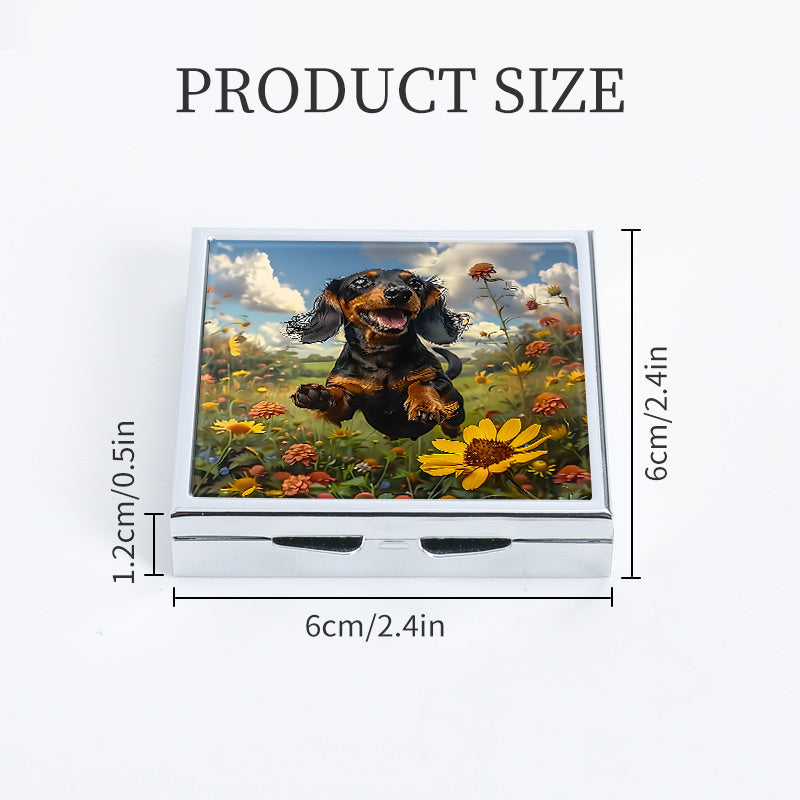 Garden Puppy Print Pill Box 4 Compartment Metal Storage Case