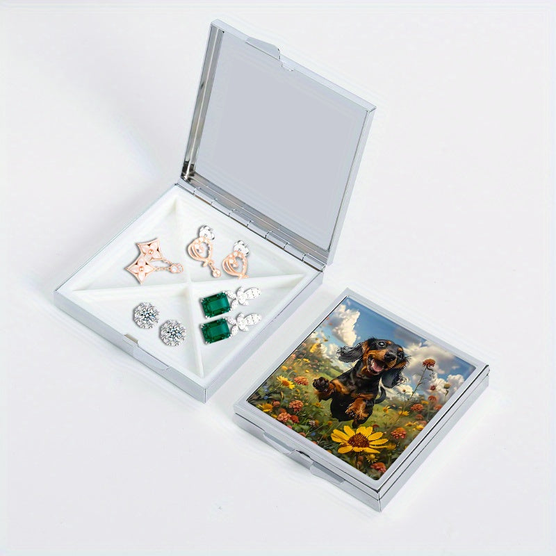 Garden Puppy Print Pill Box 4 Compartment Metal Storage Case