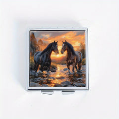 Horse Print Square Pill Case 4 Compartment Mini Portable Medicine Box