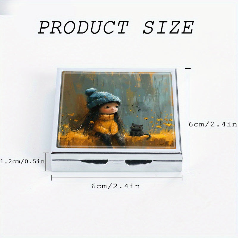 Cat & Girl Print 4 Compartment Pill Organizer Metal Case for Travel