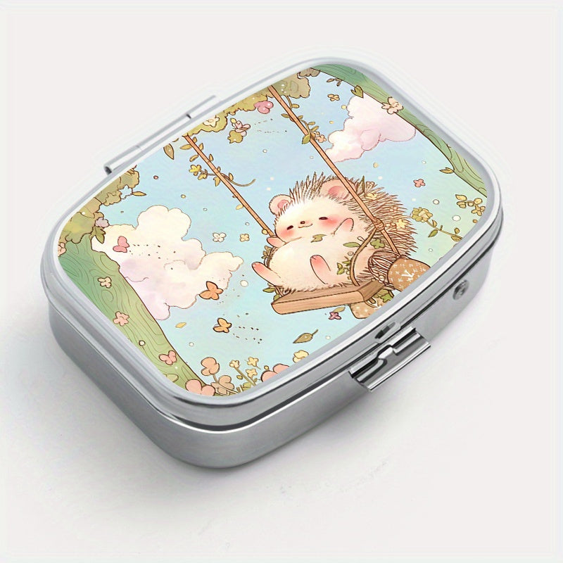 Hedgehog Print Pill Organizer 2 Compartment Portable Metal Case