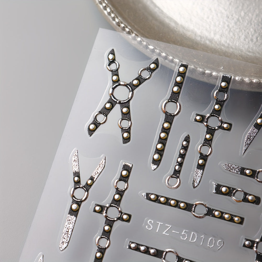 5D Gothic Skull Cross Nail Decals with Glitter Finish