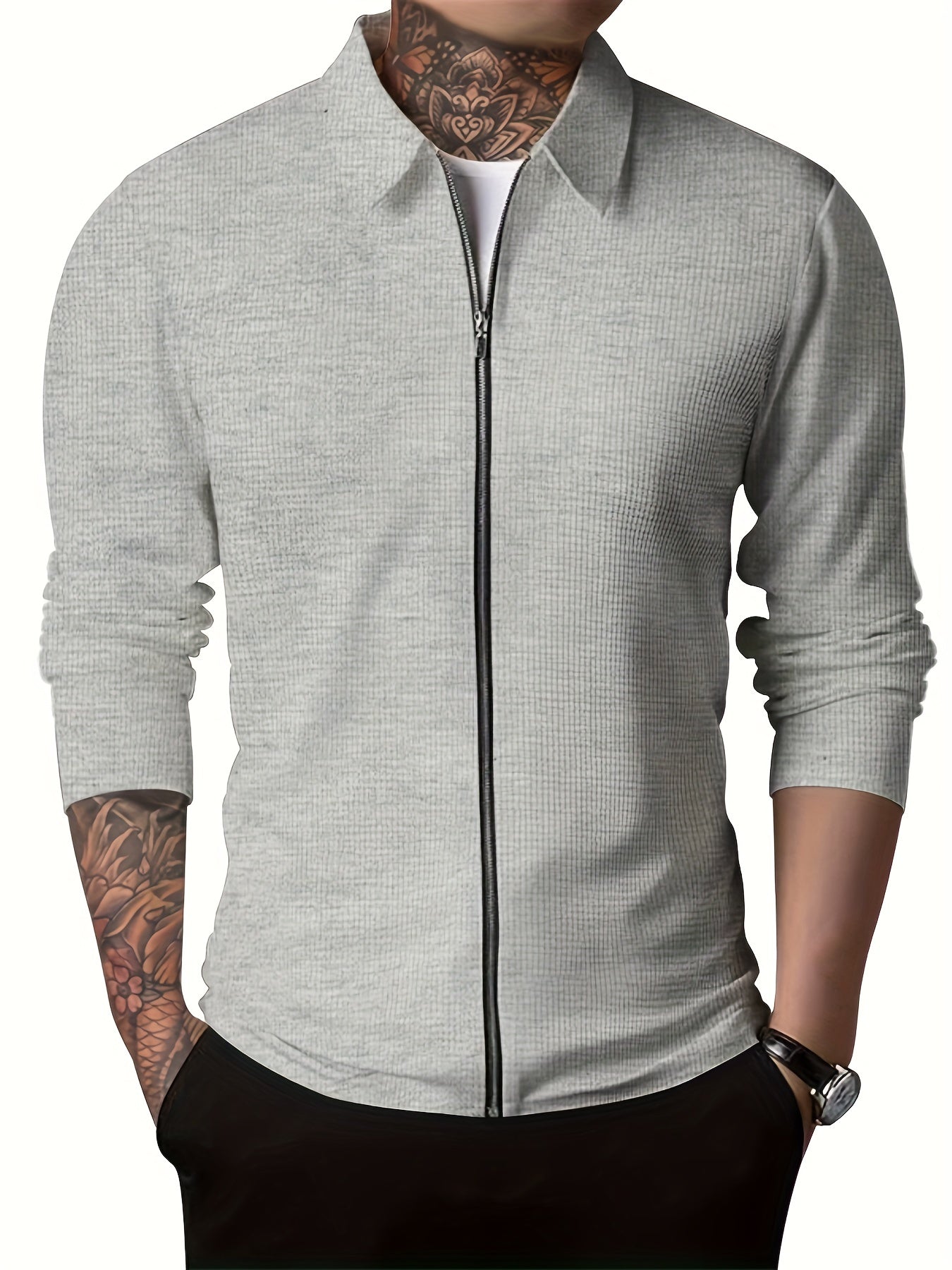 Men's Full Zip Up Waffle Pattern Jacket Lapel Coat Spring Fall