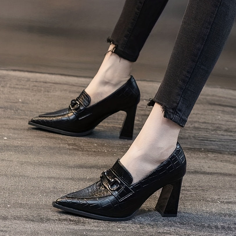 Women's Croc Print Court Pumps Buckle Decor Slip On Chunky Heels