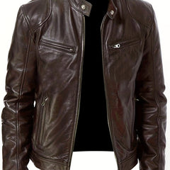Men's Casual Solid Zip Up Stand Collar Faux Leather Jacket
