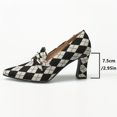 Women's Argyle Pattern Pumps Chunky Heels Slip On