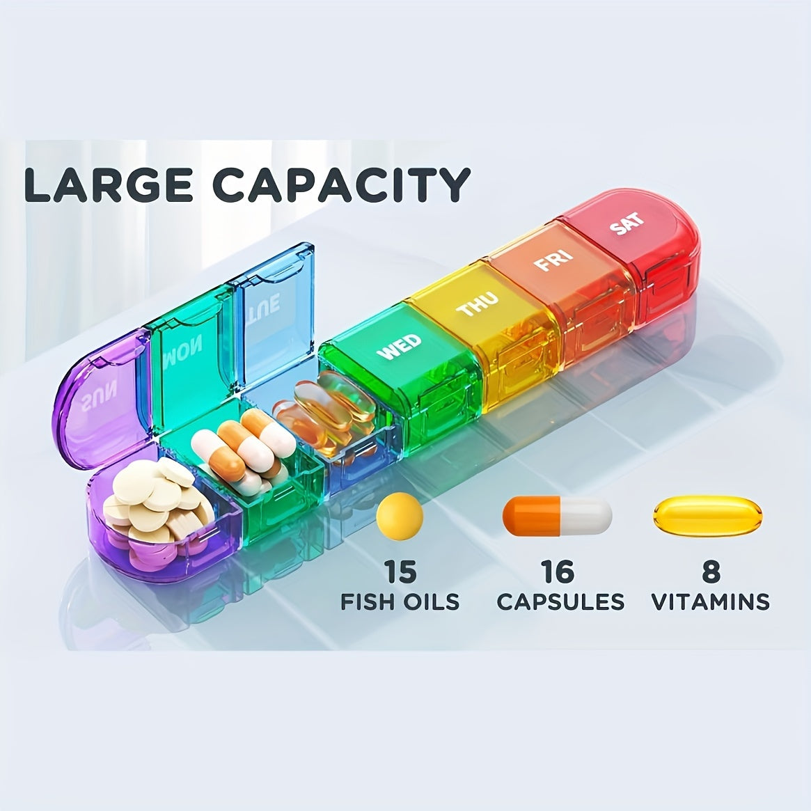 Large 7-Day Pill Organizer Rainbow Case with Detachable Compartments