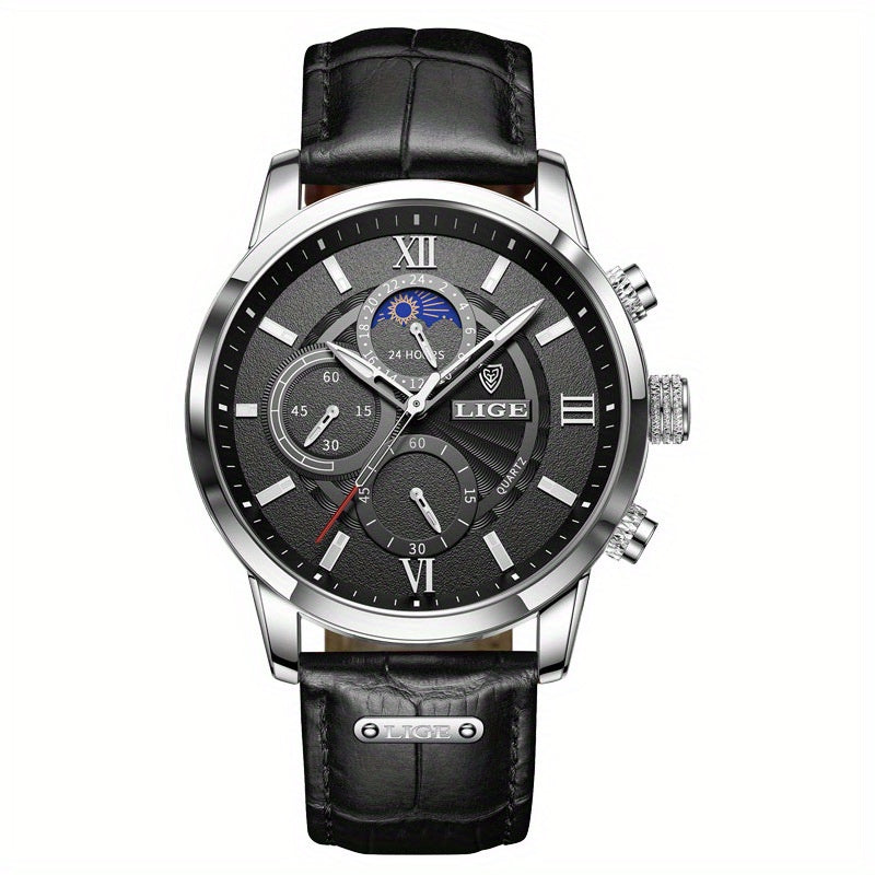 LIGE Men Watches Leather Waterproof Luminous Quartz Wristwatch
