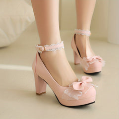 Women's Lace Bowknot High Heels Ankle Strap Mary Jane Pumps