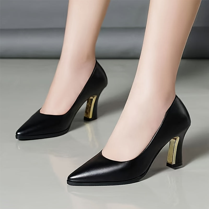 Women's Pointed Toe Chunky High Heels Slip On Court Pumps
