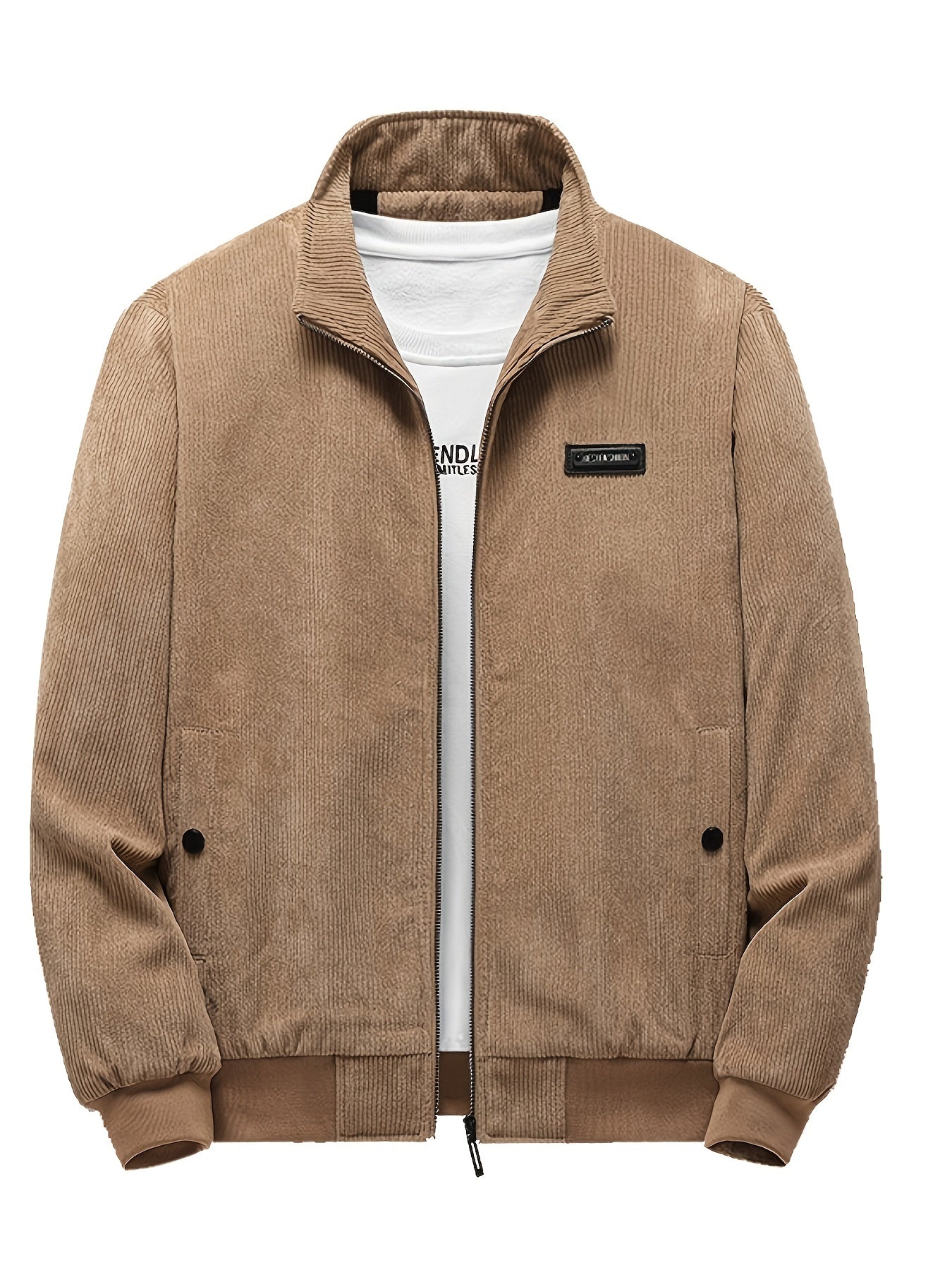 Corduroy Solid Jackets For Men Zip Up Stand Collar Coat