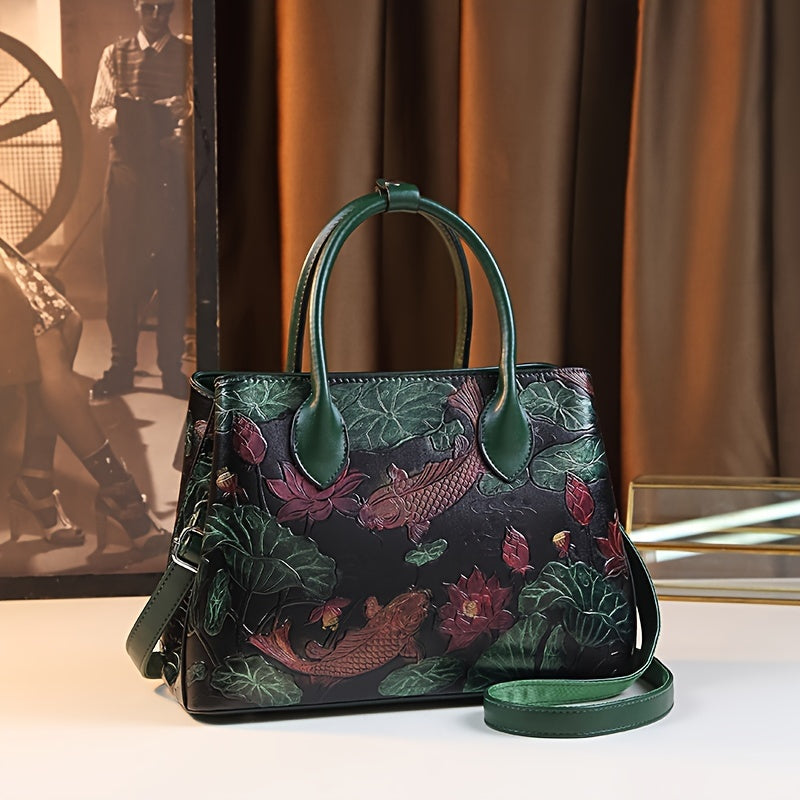 Hand Painted Koi Fish & Lotus Tote Bag - Large Capacity