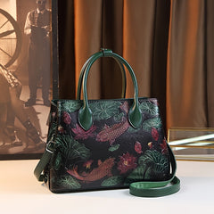 Hand Painted Koi Fish & Lotus Tote Bag - Large Capacity