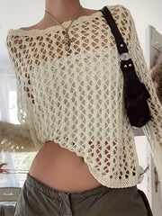 Crochet Beach Wear Knit Sweater Solid Crew Neck Long Sleeve Summer Sweater