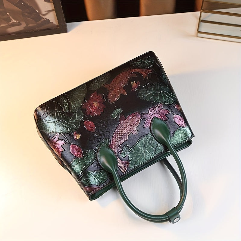 Hand Painted Koi Fish & Lotus Tote Bag - Large Capacity