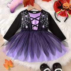 Baby Girls Spider Print Mesh Puffy Dress Halloween Party Long Sleeve