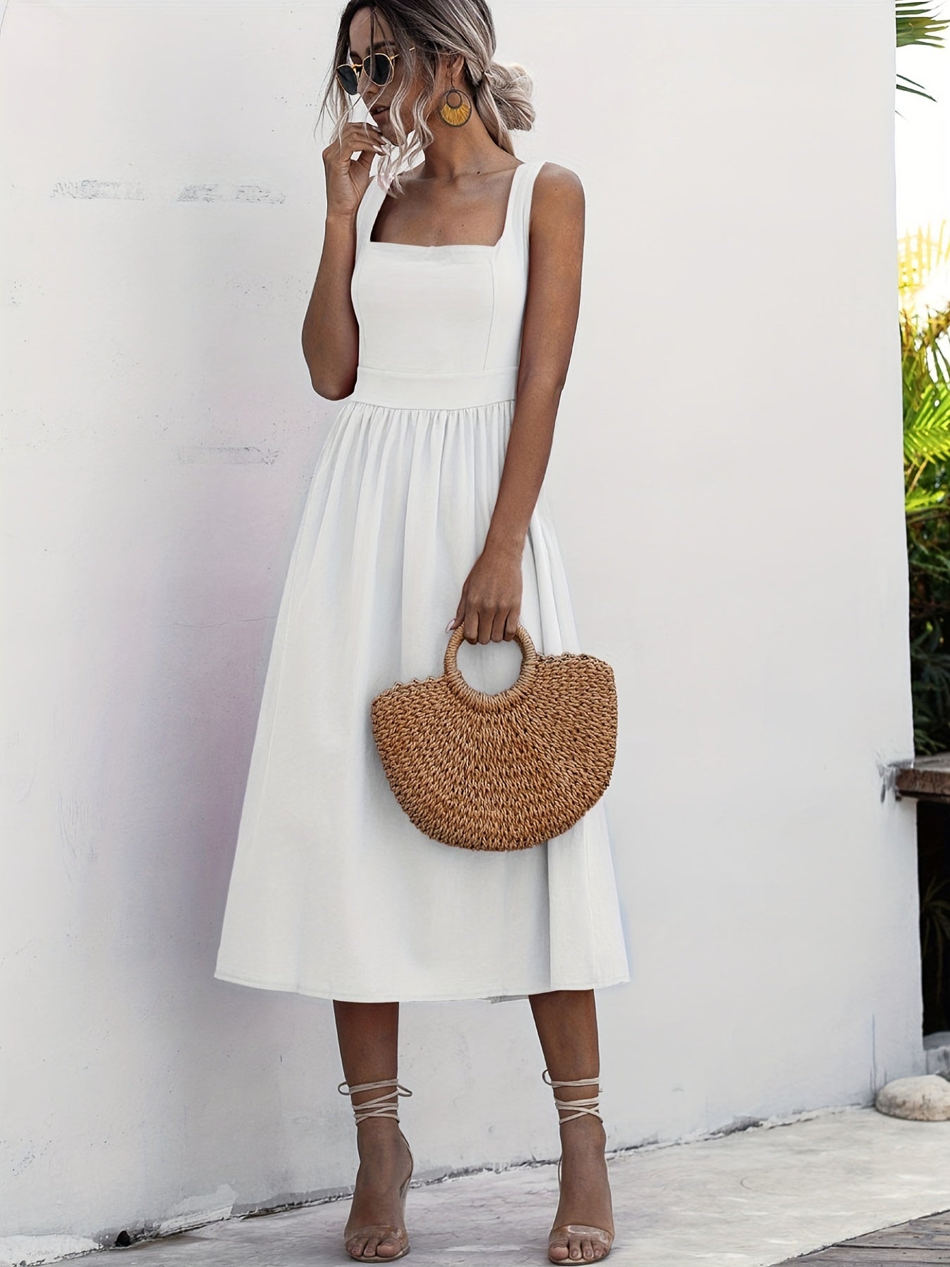 Women Solid Midi Long Dress Backless Slip Square Collar Ruched Party