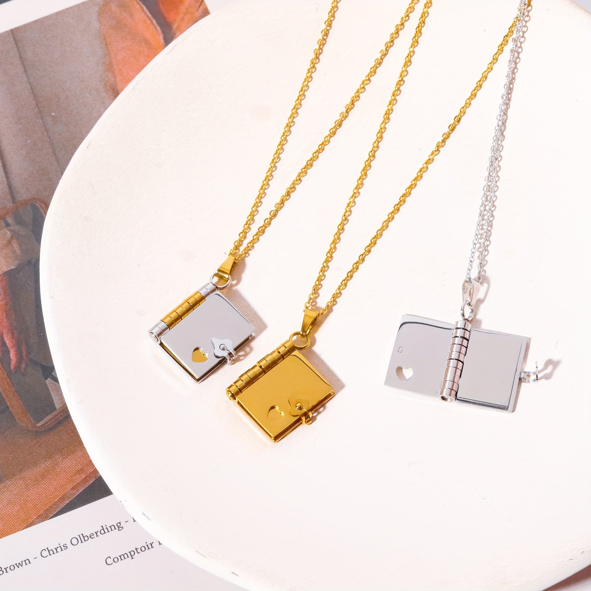 Stainless Steel Heart & Book Pendant Necklace - Openable for Gifting