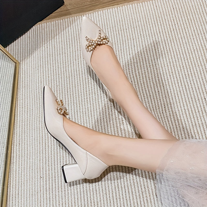 Women's Mid Heel Pearl Bow Slip-On Pumps Work Heels