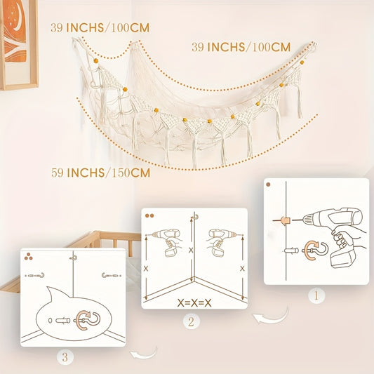 Macrame DreamLights Bohemian Plush Toy Storage Hammock - Beige