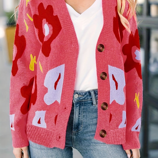 Floral Pattern Long Sleeve Button Up Cardigan