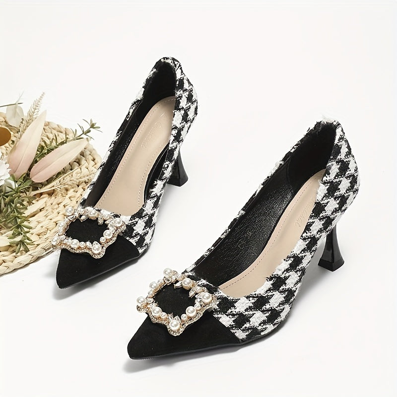 Women's Houndstooth Stiletto Heels Faux Pearl Buckle Cap Toe Pumps
