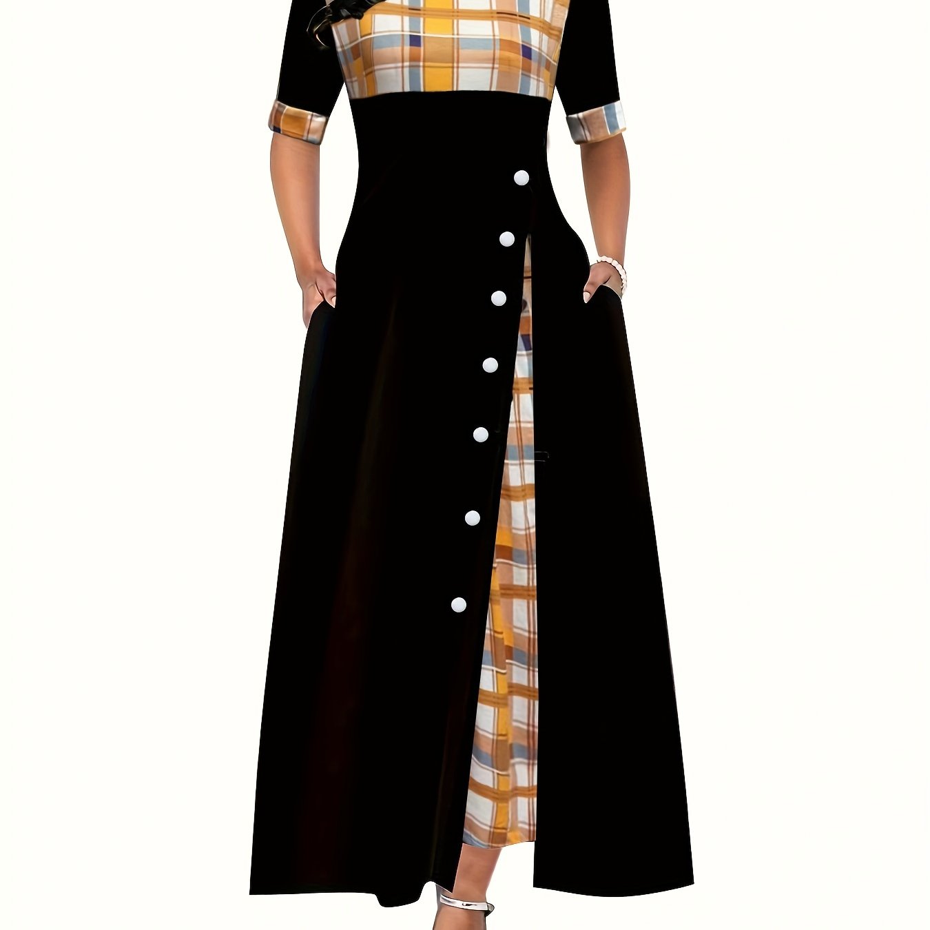 Plaid Print Splicing Dress Casual Crew Neck Short Sleeve Summer Asymmetrical Dre