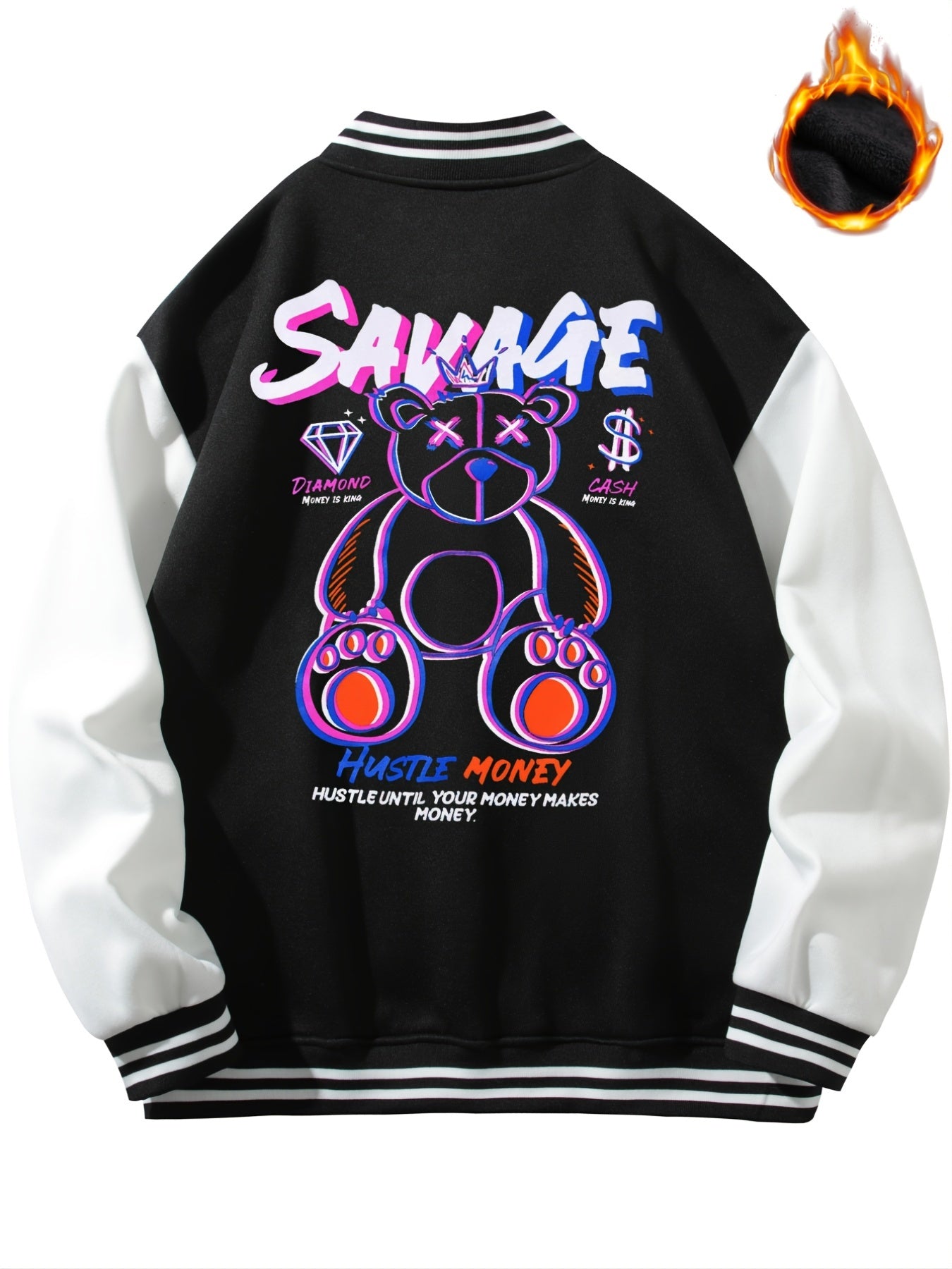 Bear Pattern Embroidery Varsity Jacket Men's Casual Button Up Jacket