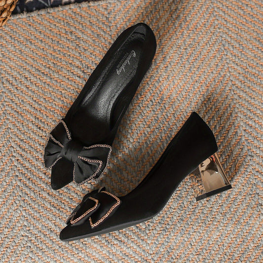 Women's Bowknot Pumps Pointed Toe Slip On Chunky Mid Heels Shoes